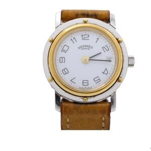 Hermès Two-Tone Round Face Leather Strap Watch — White Dial, Brown Strap